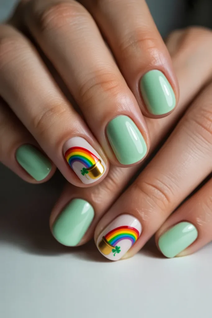 4. Rainbow and Pot of Gold Accent Nails