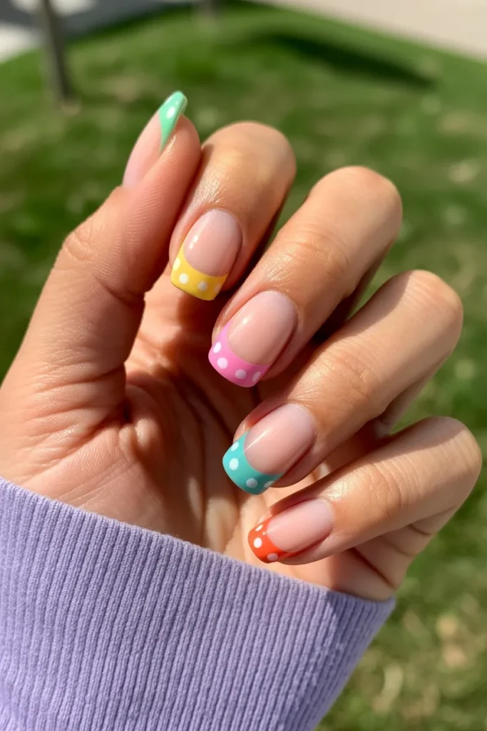 5. Colourful French Tips With Matching Dots