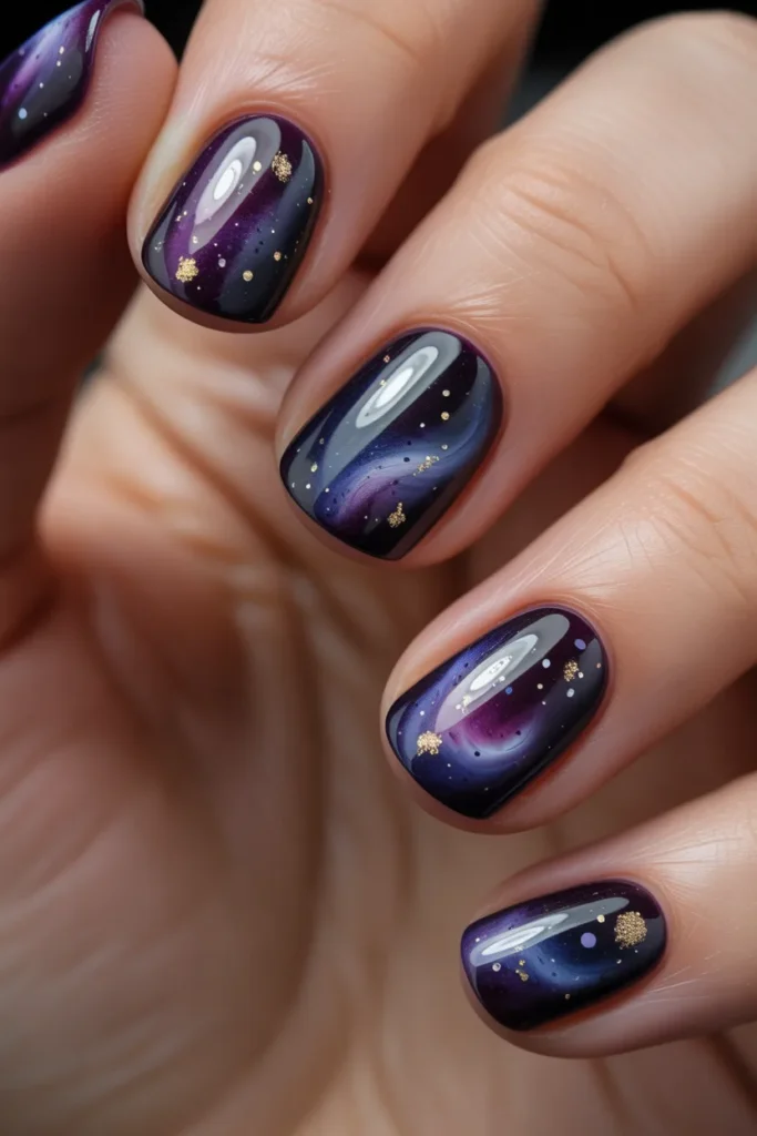 Galaxy-themed nail art featuring a dark purple, navy, and black base with sparkling stars and nebula swirls, creating a realistic high-quality cosmic manicure design.