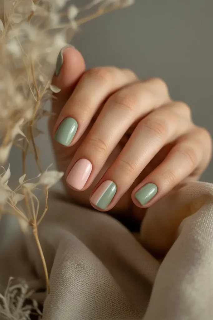 5. Green and Pink Nails — Botanical Colorblock