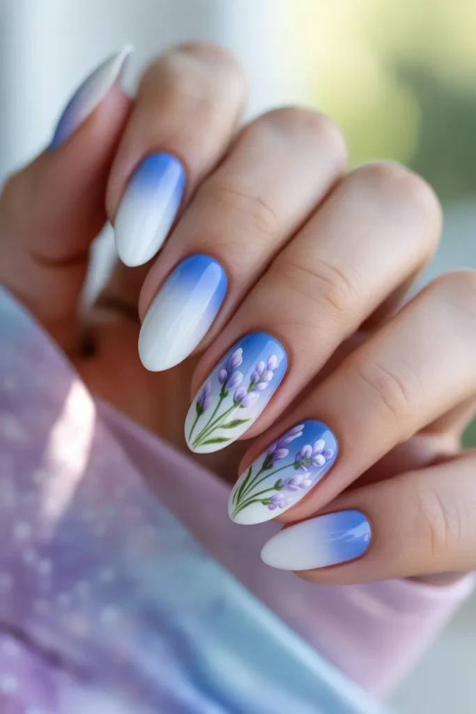 5. Ombre Blue Fade With Lavender Flowers