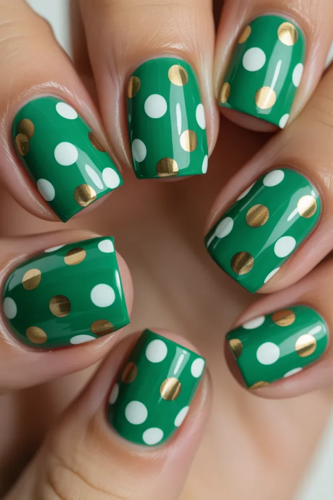 5. Short Square Green Gel Nails with Dots
