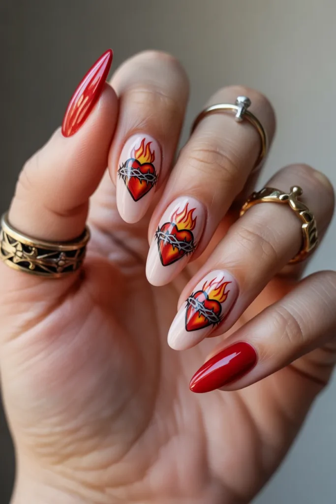 Medium almond nails with intricate sacred heart nail art featuring a flaming heart and crown of thorns in red and gold, hand-painted baroque details, devotional jewelry visible, professional artistic nail design.