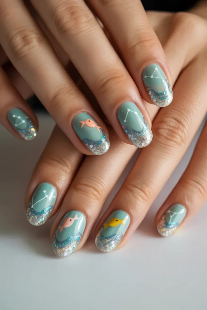 Aqua-colored nail art with sparkling glitter waves and tiny fish decals, creating a realistic high-quality zodiac-inspired manicure design.
