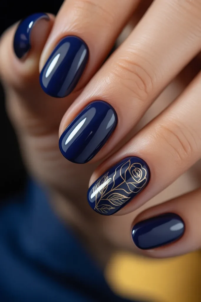 6. DND Nails — Deep Navy with Gold Floral Detail