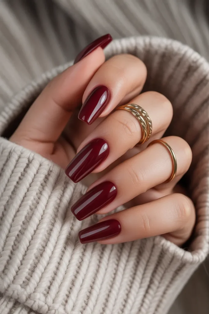 6. Deep Cherry Red Coffin Winter Nails
