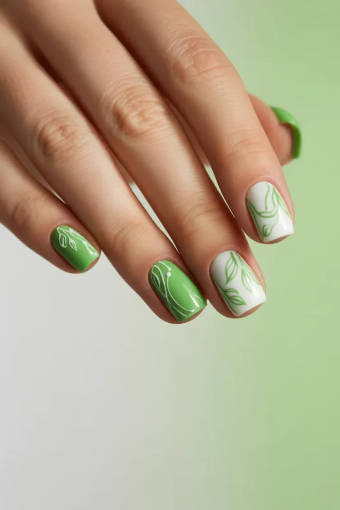 6. Green and White Abstract Art Nails