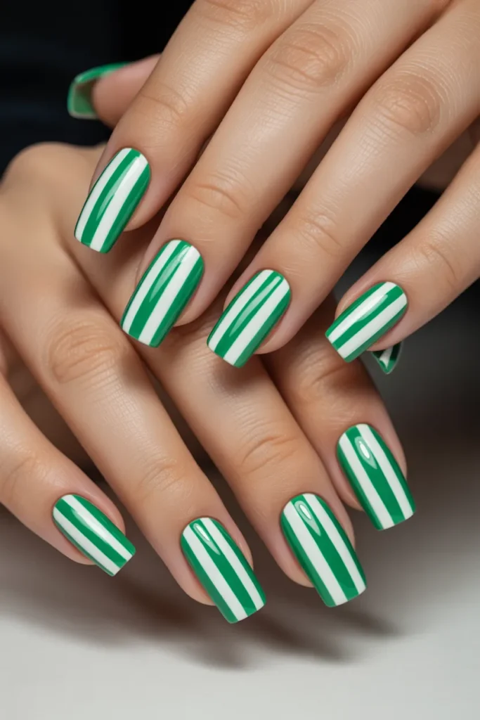 6. Green and White Striped Nails