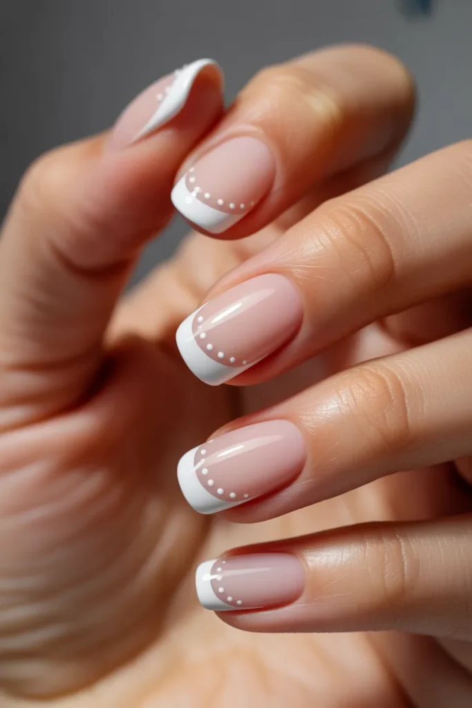 6. Matte French Tip With Glossy Dots