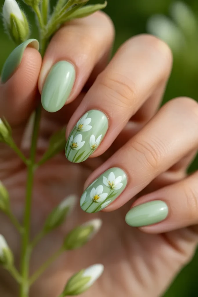 6. Mint Green Botanical Almond Nails
