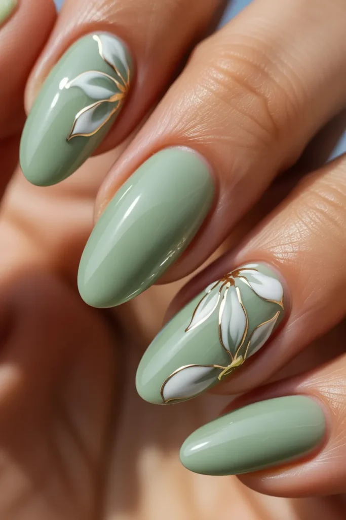 6. Mint Green Floral Acrylic Nails