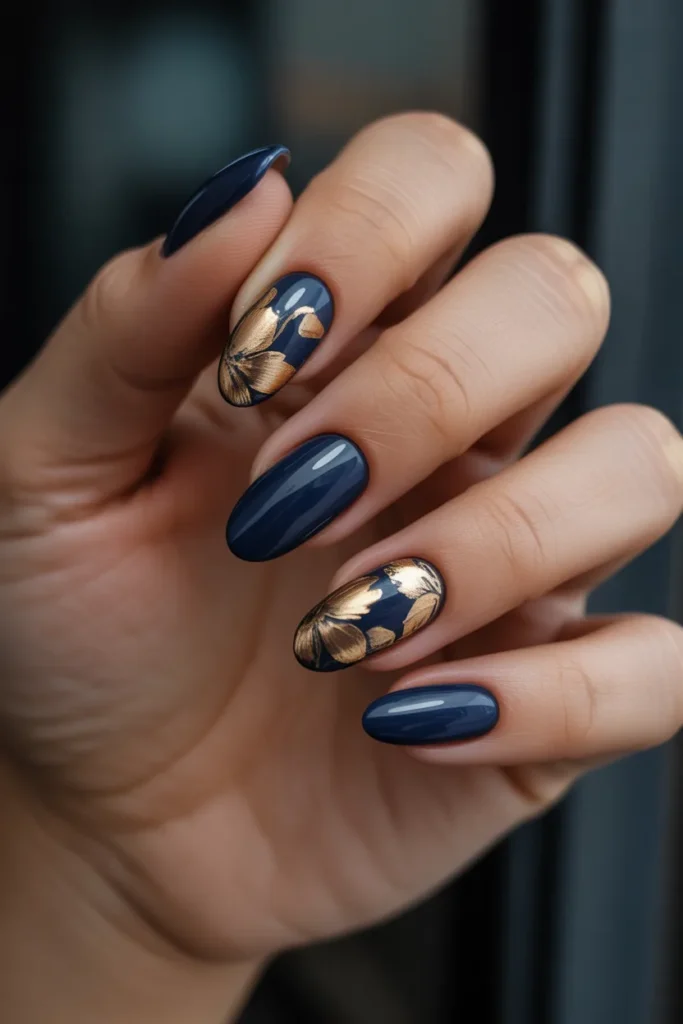 6. Navy Blue With Gold Foil Flowers