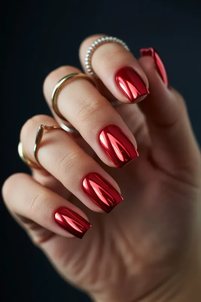 6. Red Chrome Square Acrylic Nails