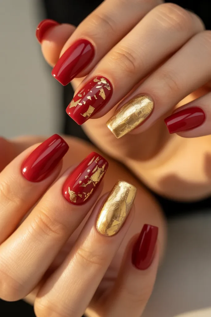 6. Red Nails with Gold Foil Accents