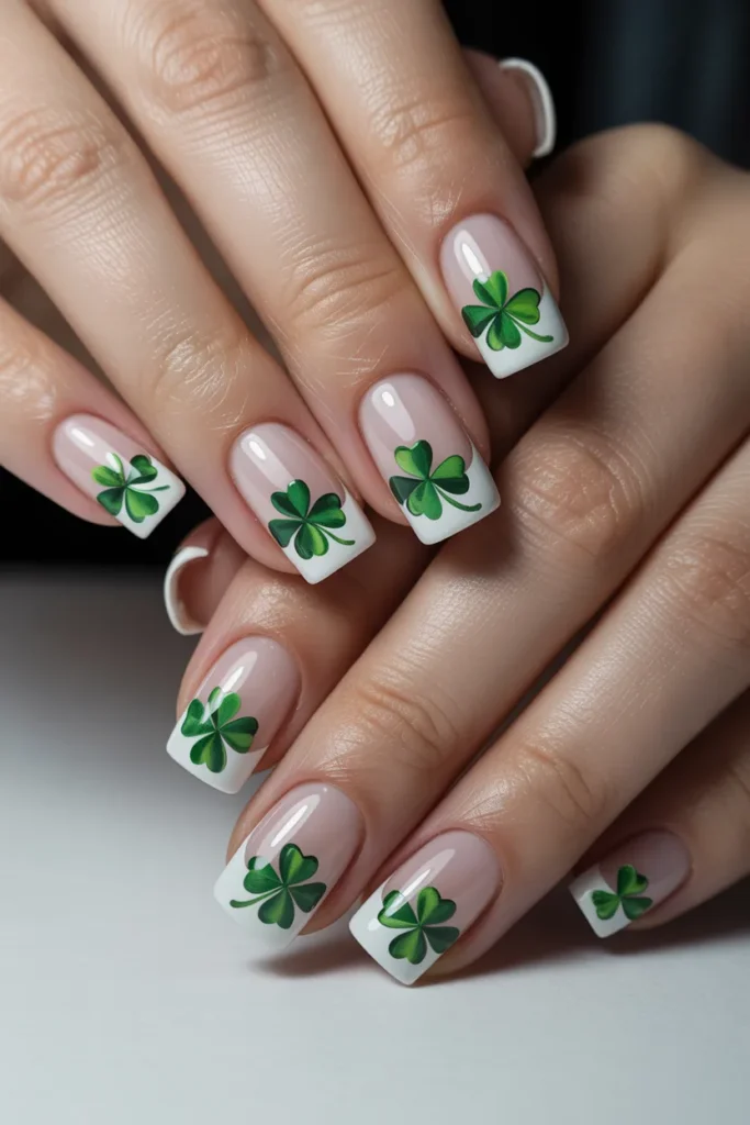 6. White Tip Nails with Green Shamrock Art