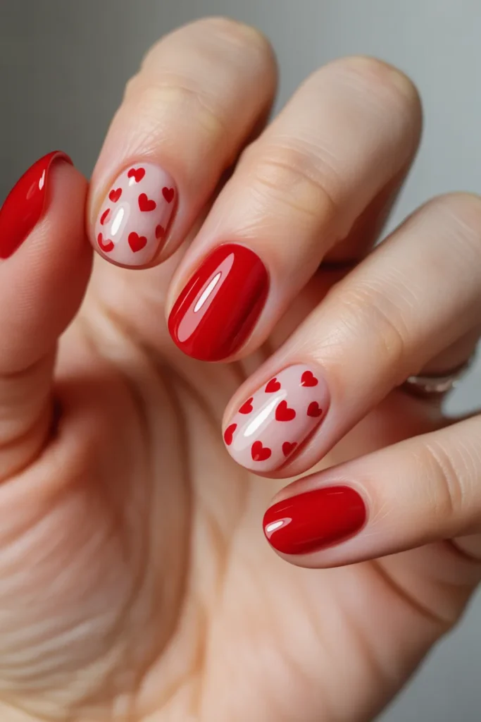 Short round natural nails with a transparent nude base and scattered small glossy red hearts, simple elegant manicure in soft studio lighting, timeless Valentine’s nail art.