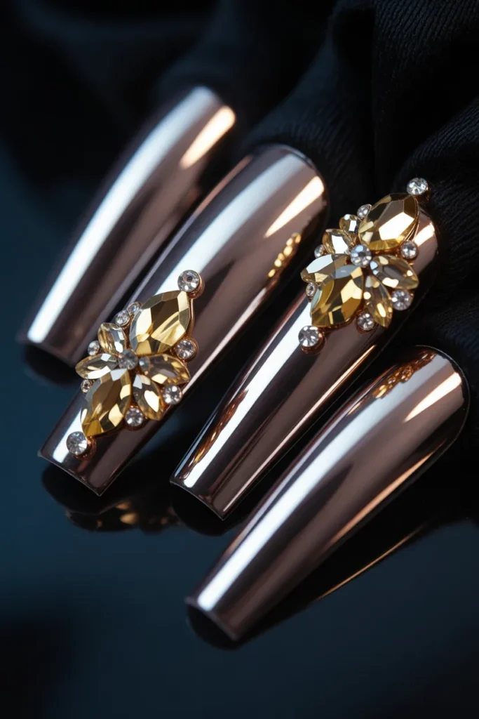 7. Black Coffin Nails with 3D Gold Jewel Embellishments