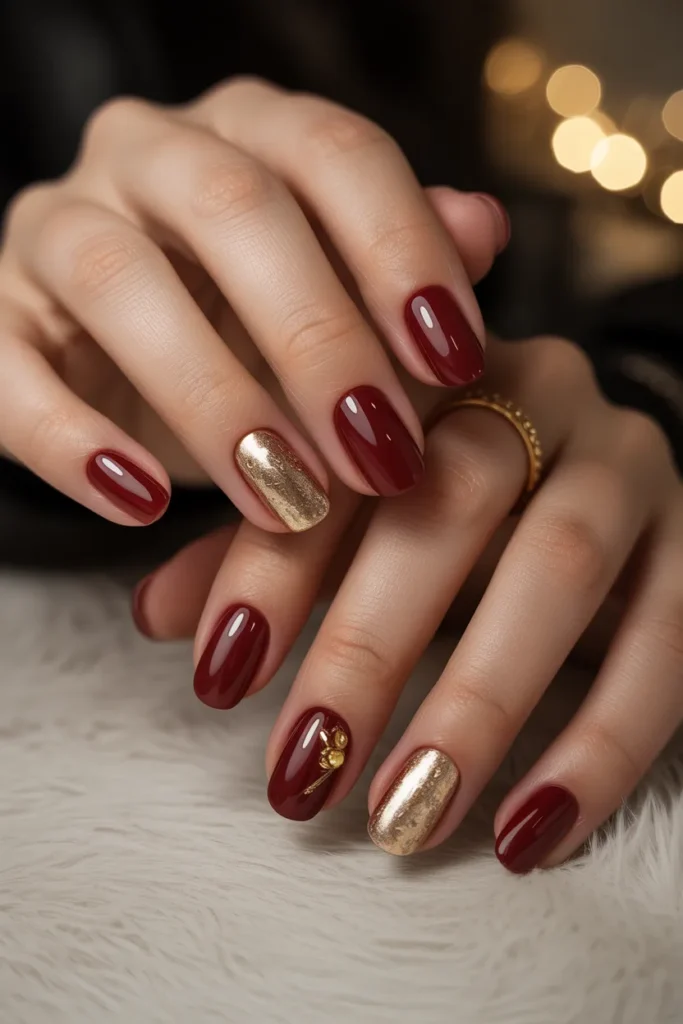 7. Deep Cherry Red Nails with Gold Accents