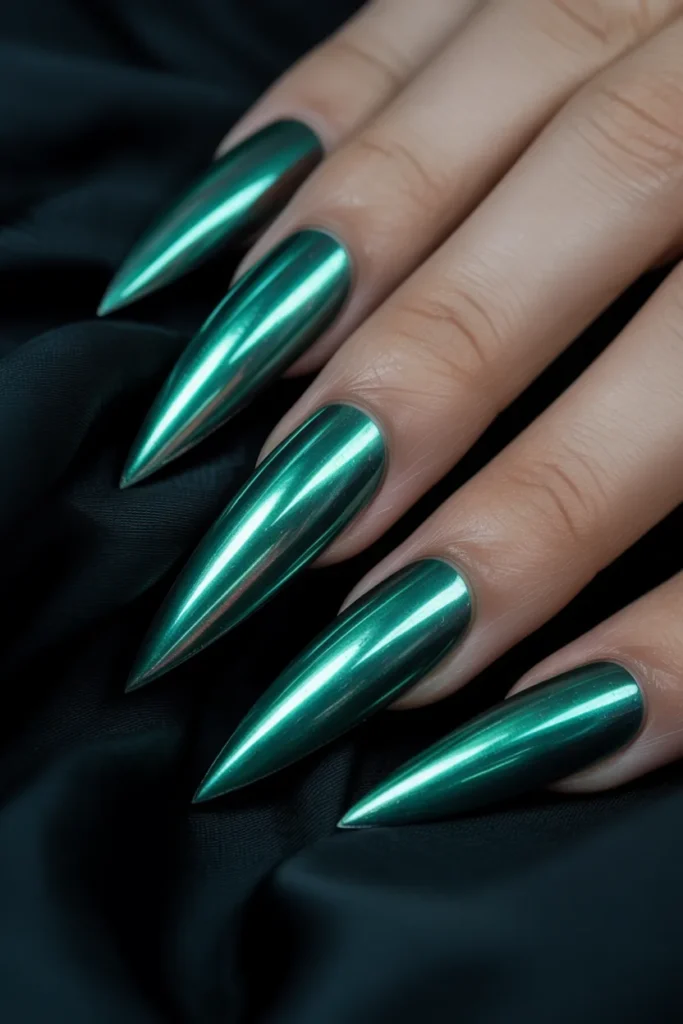 7. Emerald Green Chrome Mirror Nails
