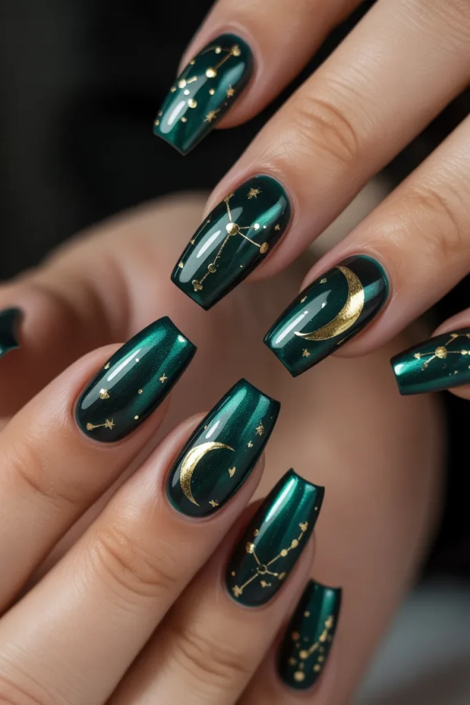 7. Green Gel Nails with Celestial Star Art