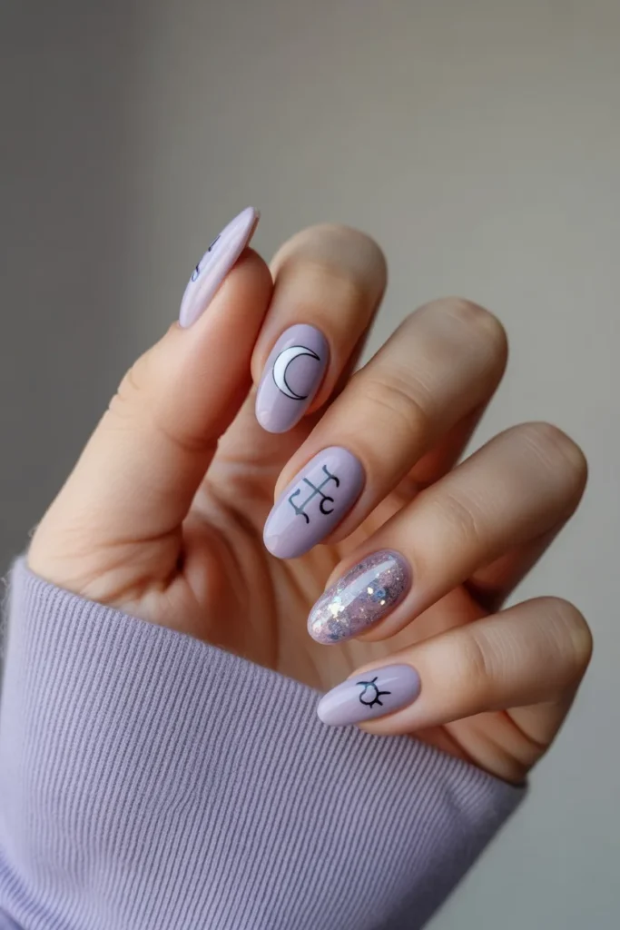 Soft lavender nail art featuring crescent moon and Pisces symbols with subtle glitter highlights, creating a high-quality realistic zodiac-inspired manicure.