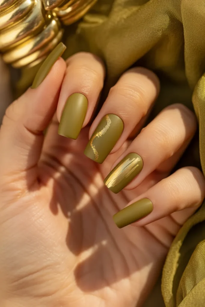 7. Olive Green Nail Art with Gold Accents