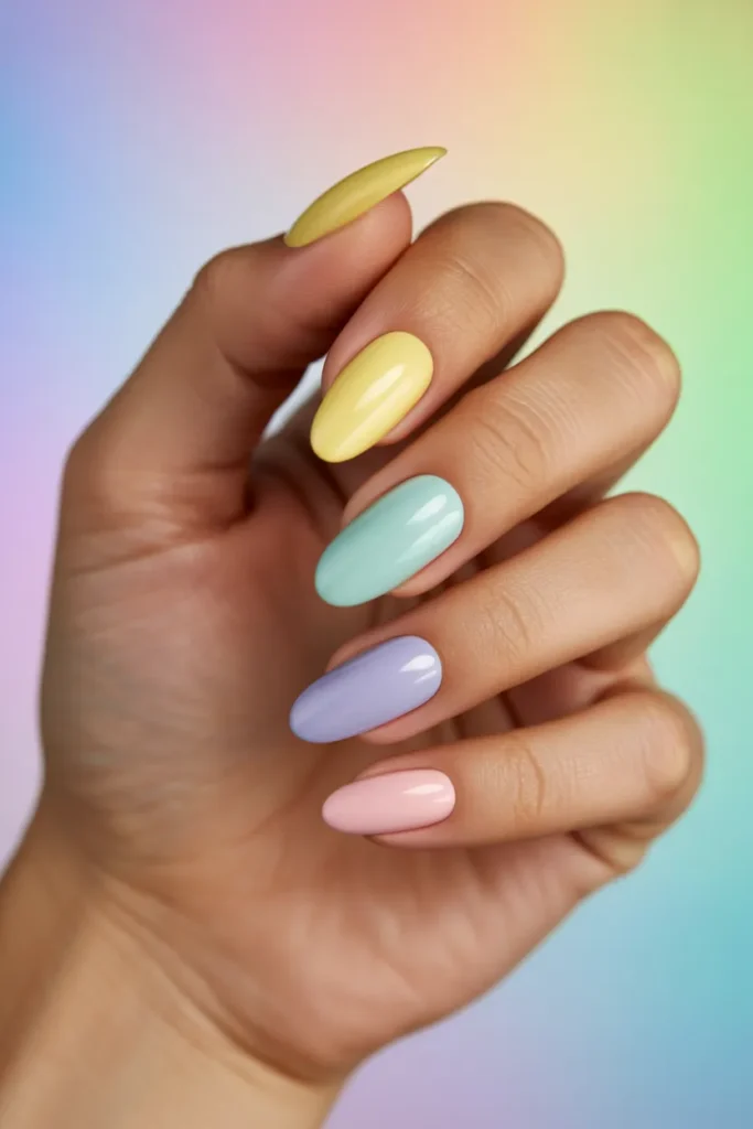 7. Pastel Rainbow Almond Nails