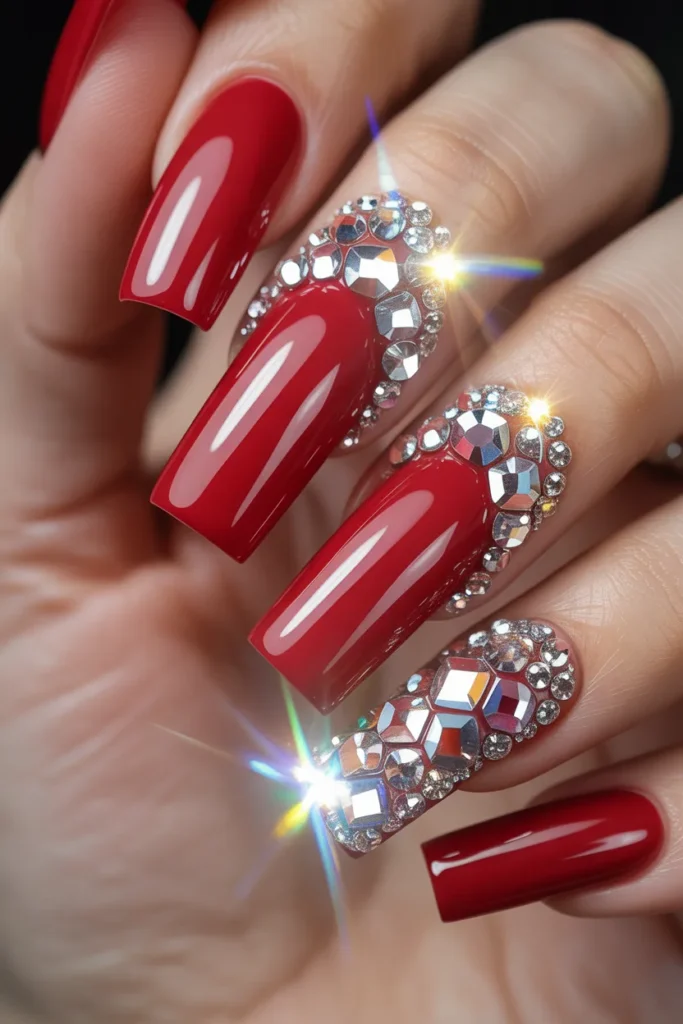 7. Red Rhinestone Nails