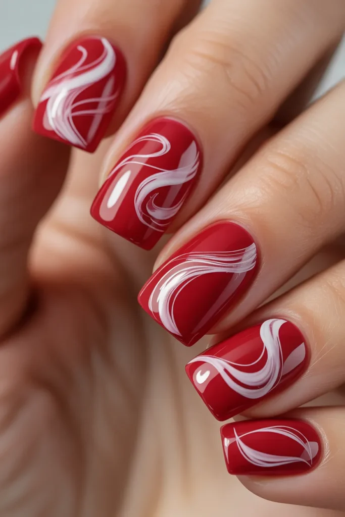 7. Red Square Nails with White Swirl Art