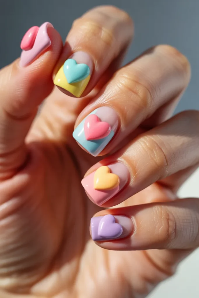 Short square nails featuring 3D raised glossy candy heart designs in pastel rainbow colors, textured gel polish creating a dimensional sweet Valentine’s aesthetic in bright studio lighting.