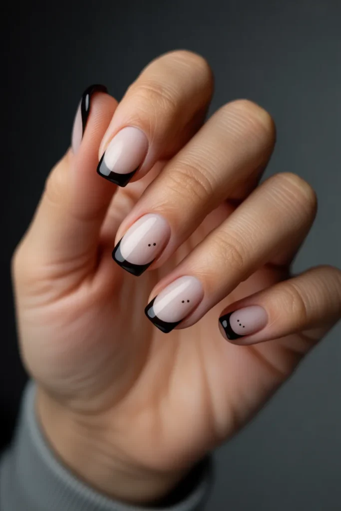 8. Black French Tip With Minimal Dots