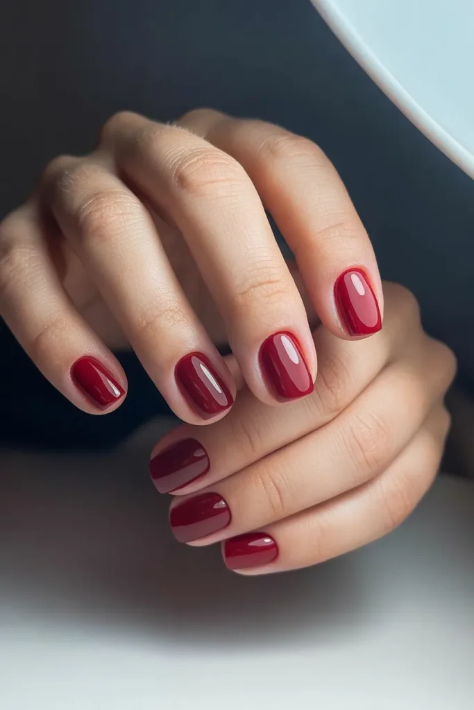 8. Glossy Deep Cherry Red Square Nails