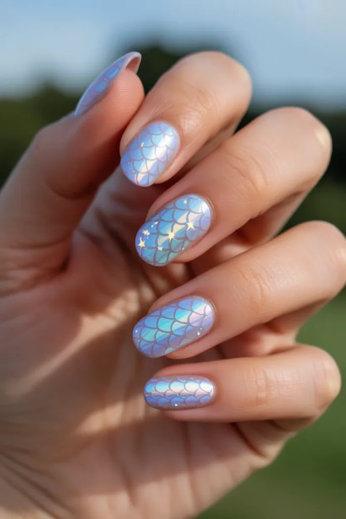 Holographic nail art with fish scale pattern in pastel blues and purples, featuring reflective shimmer and a realistic zodiac-inspired manicure design.