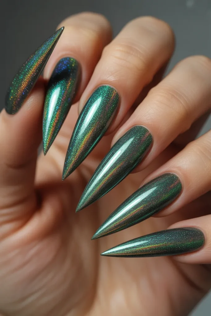 8. Holographic Green Chrome Acrylic Nails