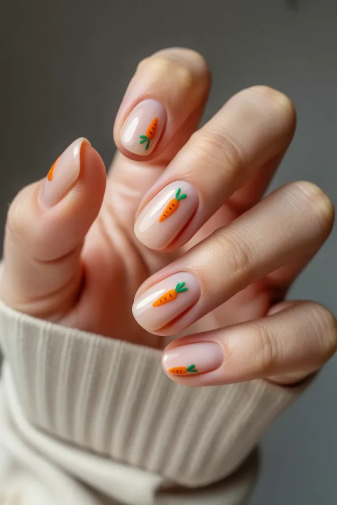 8. Nude Nails With Tiny Carrots