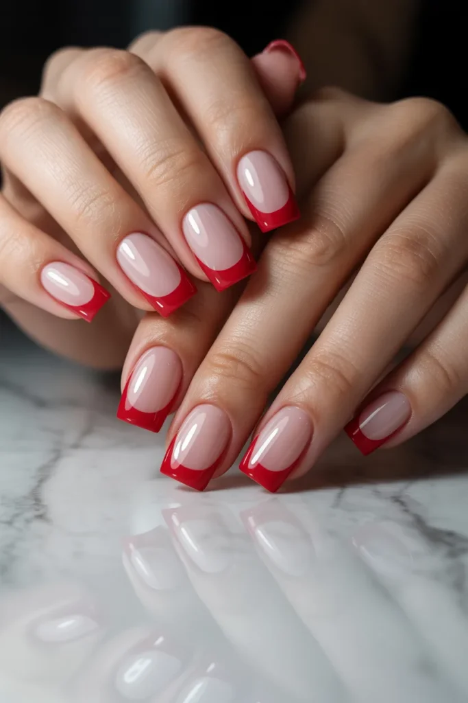 8. Red French Tip Square Acrylic Nails