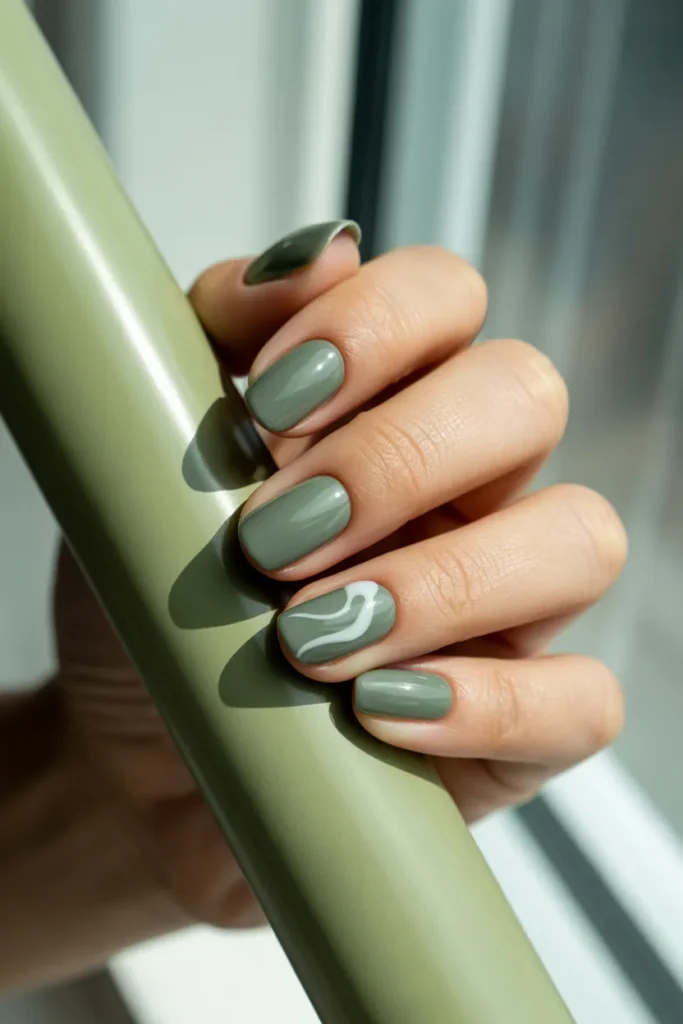 8. Simple Sage Green Almond Nails