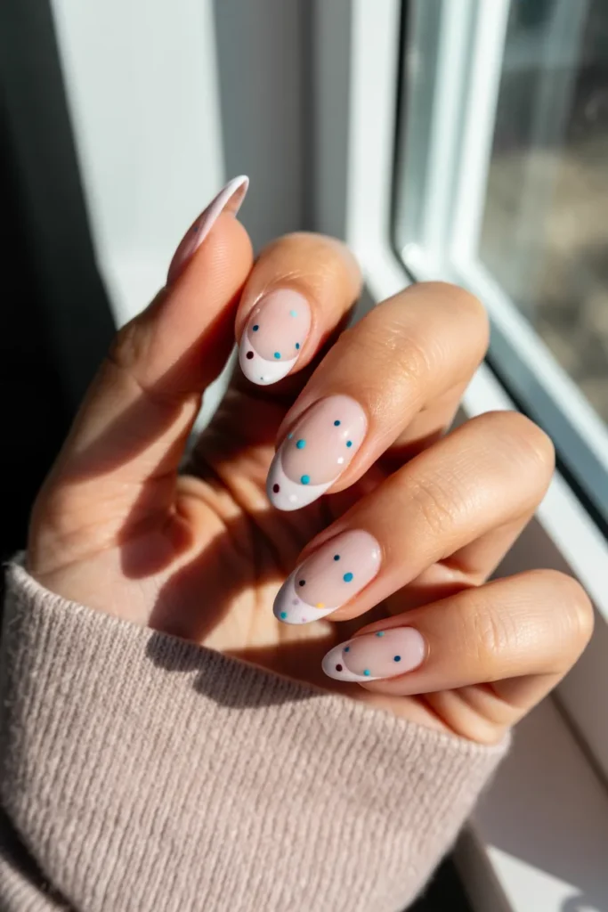 9. Almond French Tip With Scattered Dots