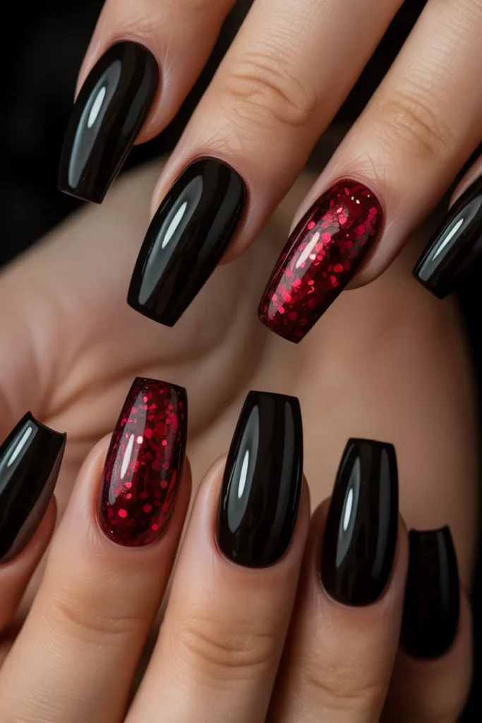 9. Black Nails with Red Glitter Accent for Prom