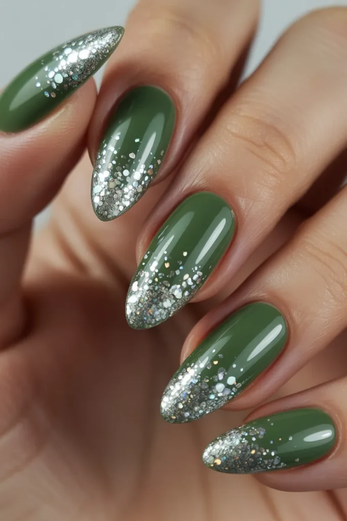 9. Dark Green with Silver Glitter Tips