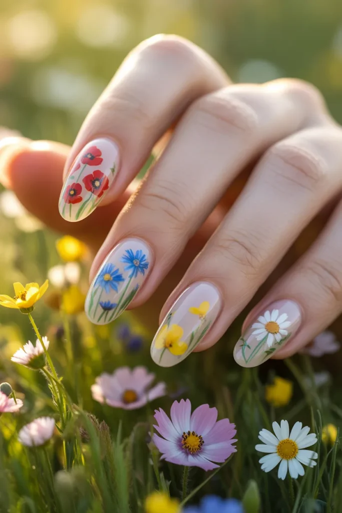 9. Floral Nail Designs — Full Hand Wildflower Art