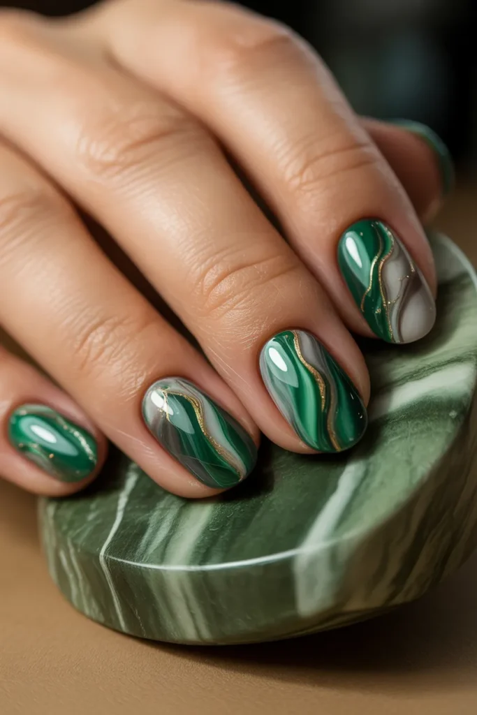 9. Green Marble Effect Nails