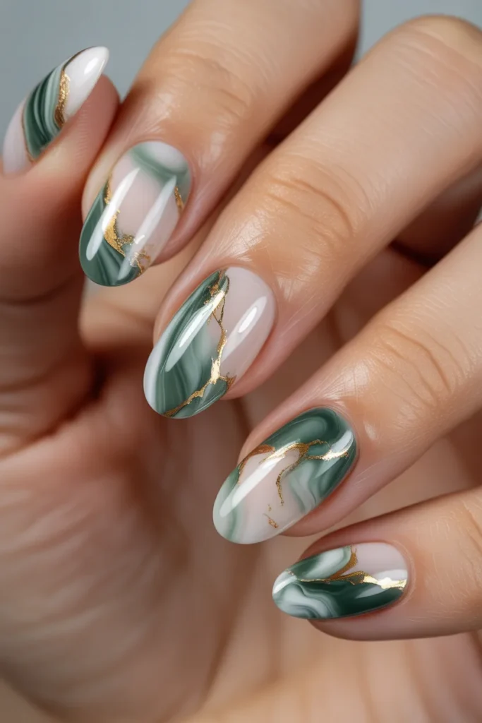 9. Green and White Marble Acrylic Nails
