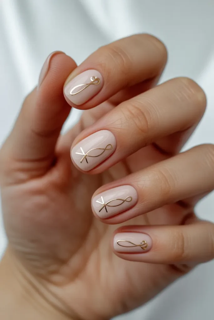 Nude or soft pink nails featuring small Pisces symbols with thin gold or silver line art, showcasing a realistic minimalist zodiac-inspired manicure.
