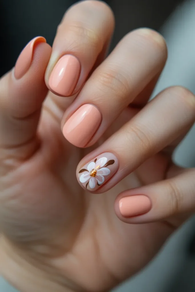 9. Peach Nails With Floral Accent