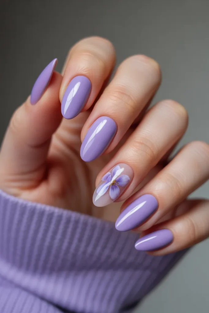 9. Periwinkle Nails With Pressed Flower Effect