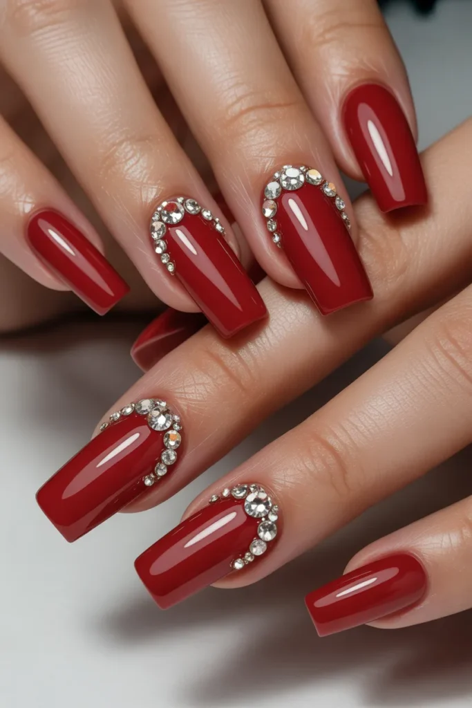 9. Red Square Nails with Rhinestone Accents