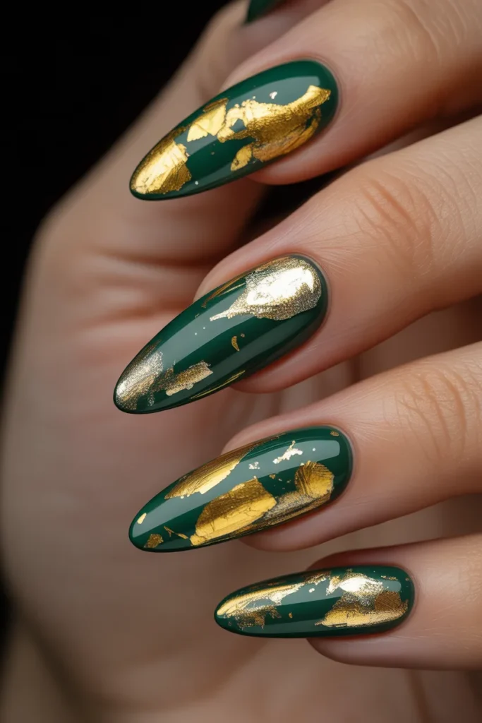 Gold Foil Green Chrome Nails 5