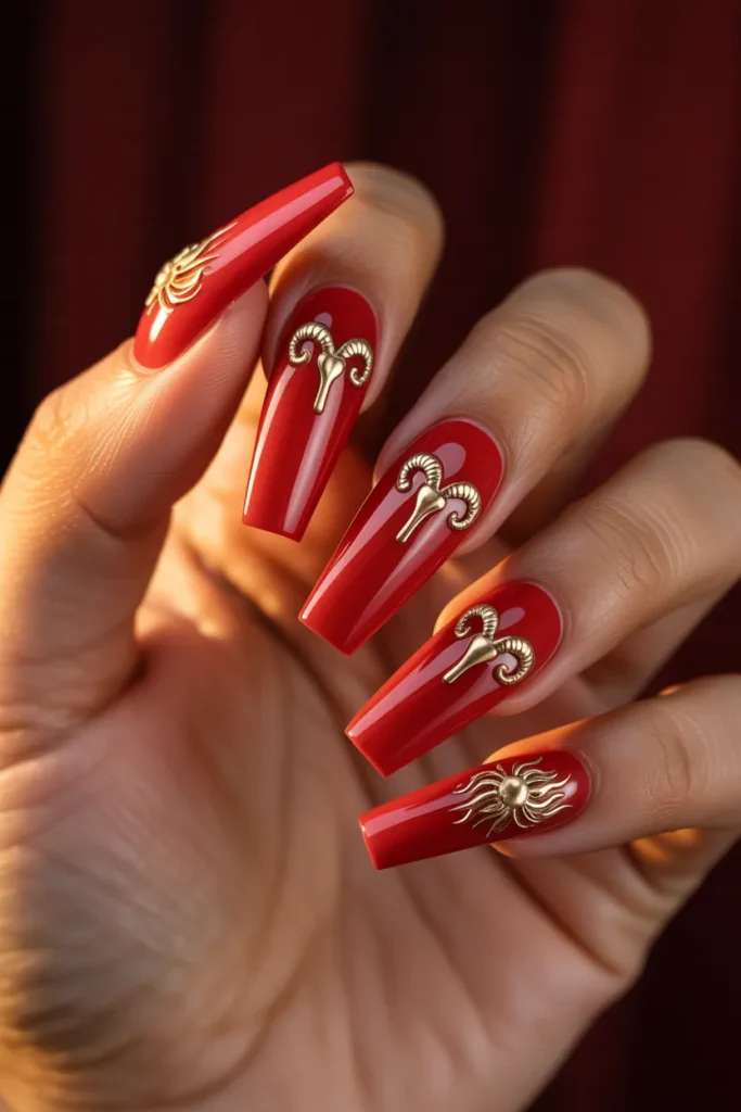 1. Bold Red Aries Acrylic Coffin Nails