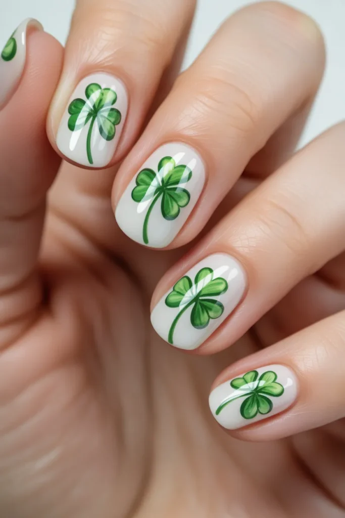 1. Classic Green Shamrock Nails on White Base